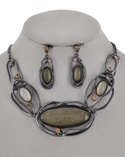 Hematite/Brown Acrylic Statement Necklace & Earring Set