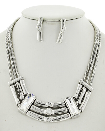 Silver Multi Row Clear Glass Necklace & Earring Set
