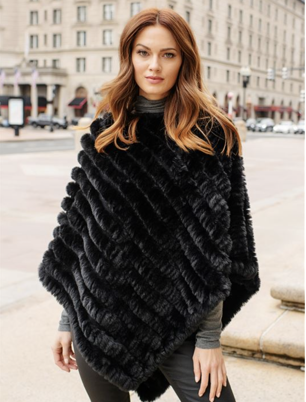 Fabulous Knitted Faux Mink Poncho, Color: Black