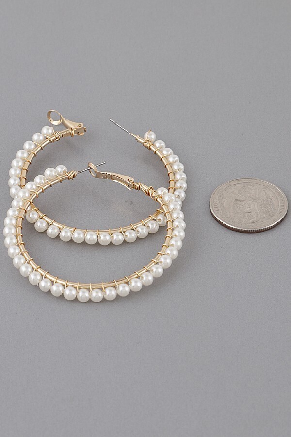 Gold Medium Pearl Hoop Earrings