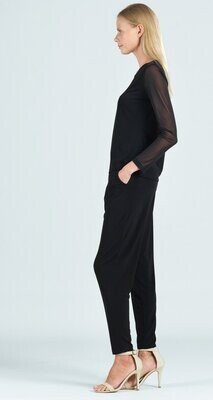 Black Long Mesh Sleeve Basic Scoop Neck Top 