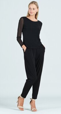 Black Long Mesh Sleeve Basic Scoop Neck Top 