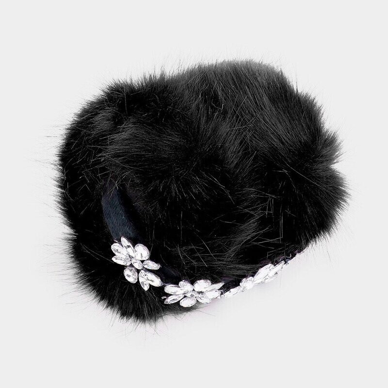 Black Teardrop Marquise Crystal Fluffy Plush Fur Earmuff