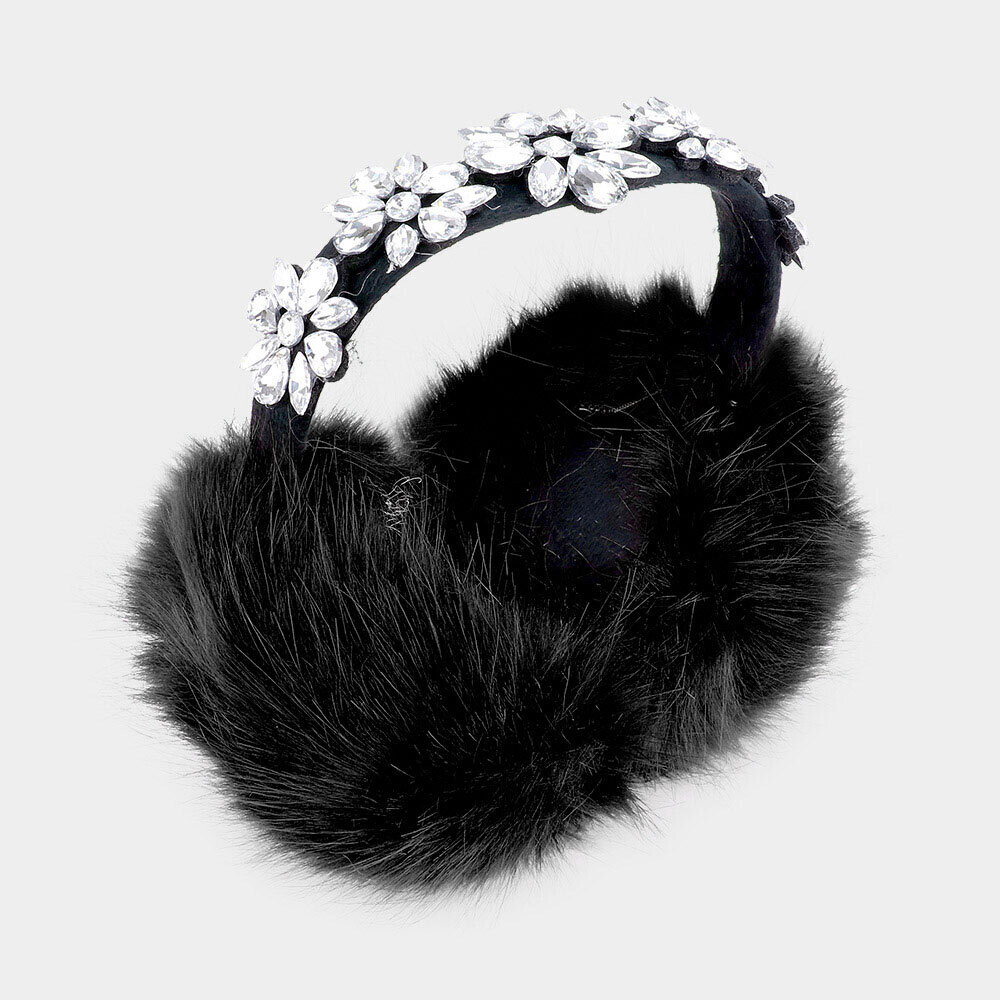 Black Teardrop Marquise Crystal Fluffy Plush Fur Earmuff