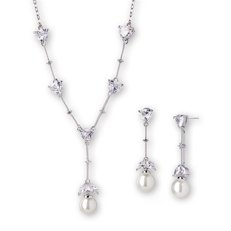 Cubic Zirconia Trillion and Light Ivory Pearl Bridal Necklace Set