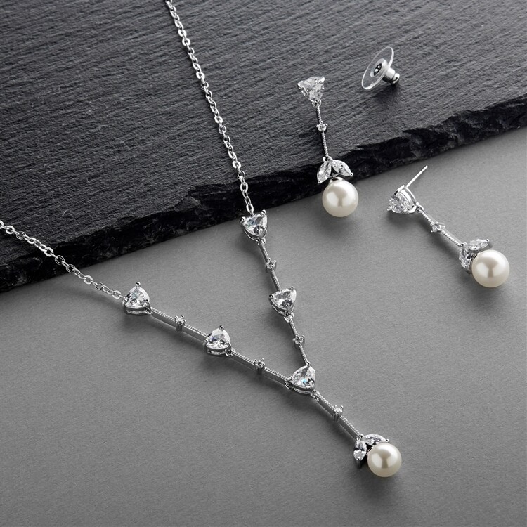 Cubic Zirconia Trillion and Light Ivory Pearl Bridal Necklace Set