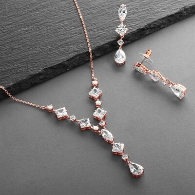 Rose Gold Mixed Cubic Zirconia Necklace & Earrings Set 