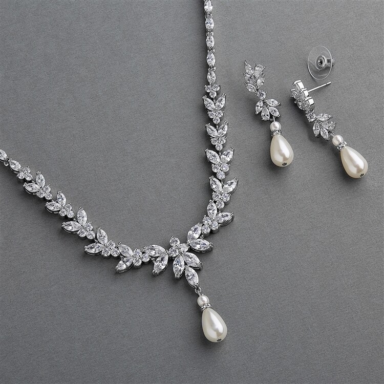Luxe CZ and Pearl Teardrop Statement Bridal Necklace and Earrings Set in Platinum