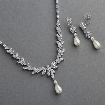 Luxe CZ and Pearl Teardrop Statement Bridal Necklace and Earrings Set in Platinum