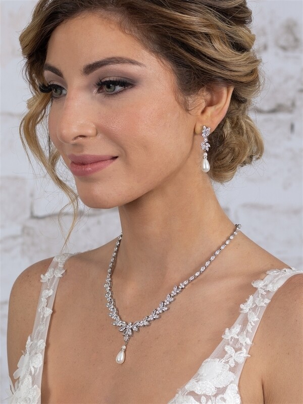 Luxe CZ and Pearl Teardrop Statement Bridal Necklace and Earrings Set in Platinum