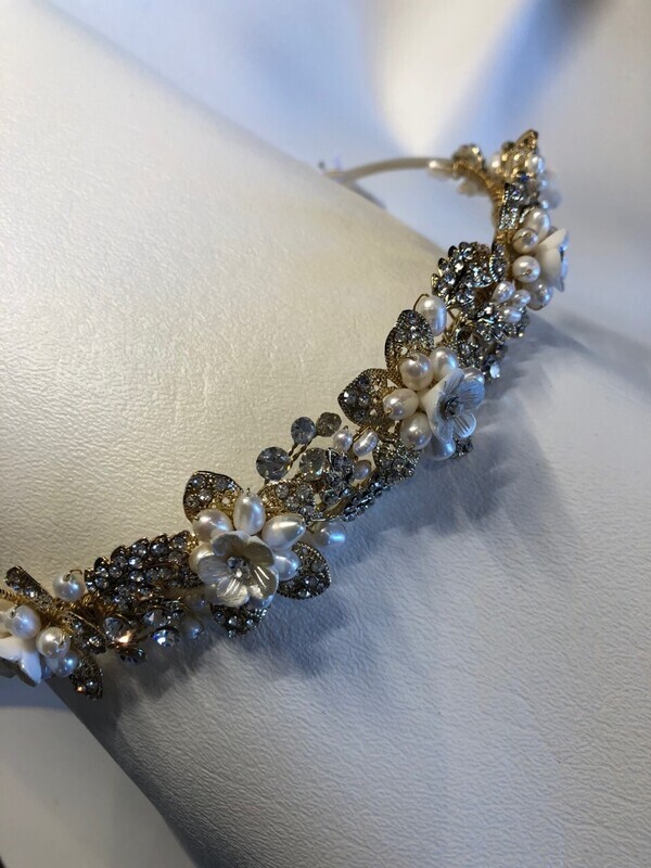 Gold Leaf Freshwater Pearl Floral Headband