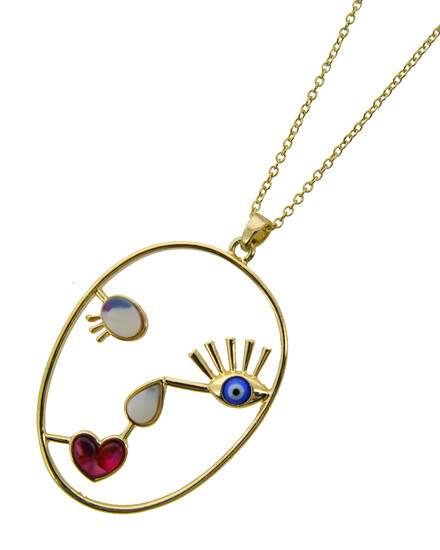 Gold Blue Eye Open Face Fashion Necklace