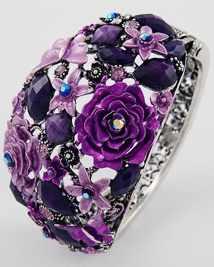 Beautiful Purple Floral Hinge Statement Bracelet