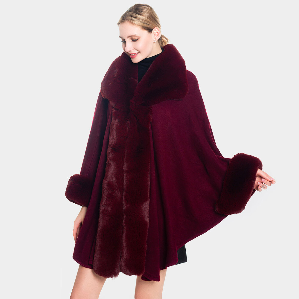 Gorgeous Faux Fur Trimmed Cape, Color: Burgundy