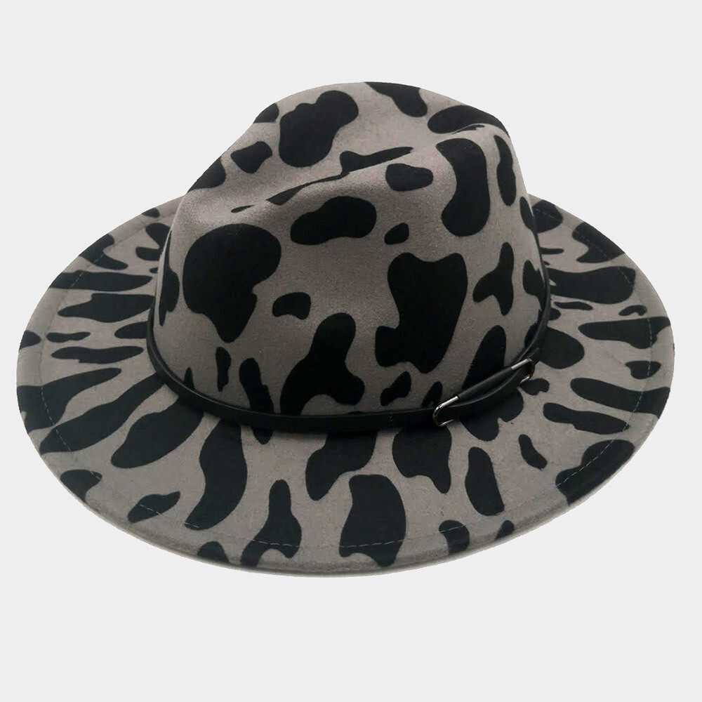 Faux Leather Band Cattle Patterned Panama Hat, Color: Grey/Black