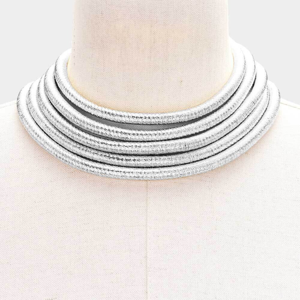 Multi Layered Fabric Coil Necklace, Color: Silver