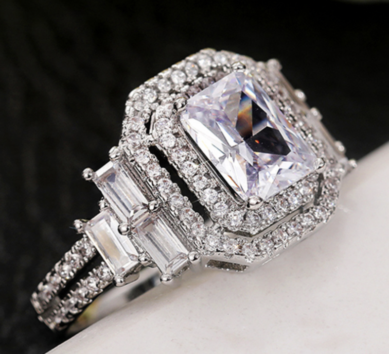 AAA Luxury Rhodium Emerald Cut Formal Ring