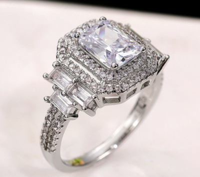 AAA Luxury Rhodium Emerald Cut Formal Ring
