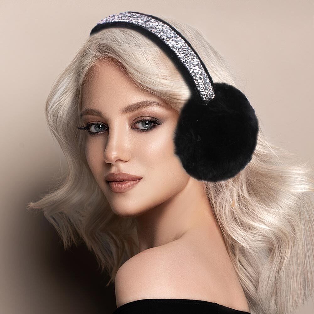 Bling Stone Cluster Fluffy Plush Fur Earmuff, Color: Black