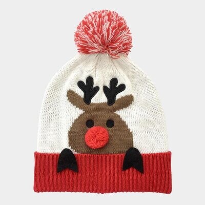 Holiday Reindeer Yarn Pom Pom Knit Beanie Hat