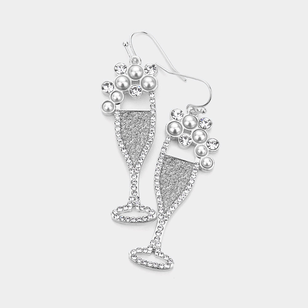 Pearl Stone Glittered Champagne Dangle Earring, Color: Silver