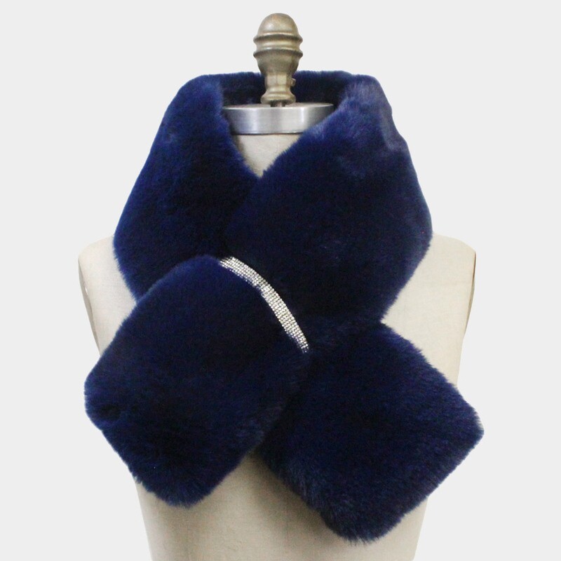 Navy Faux Fur Bling Pull Through Scarf