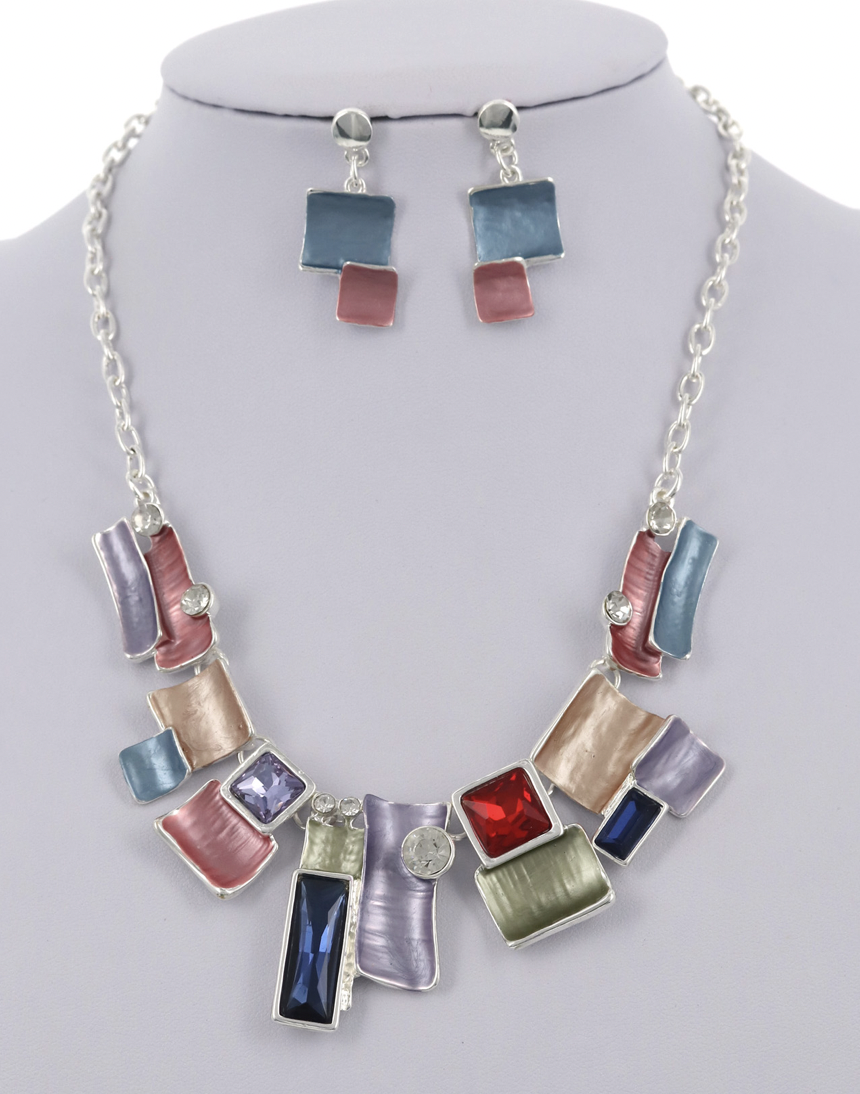 Rainbow Glass Metal Necklace & Earring Set