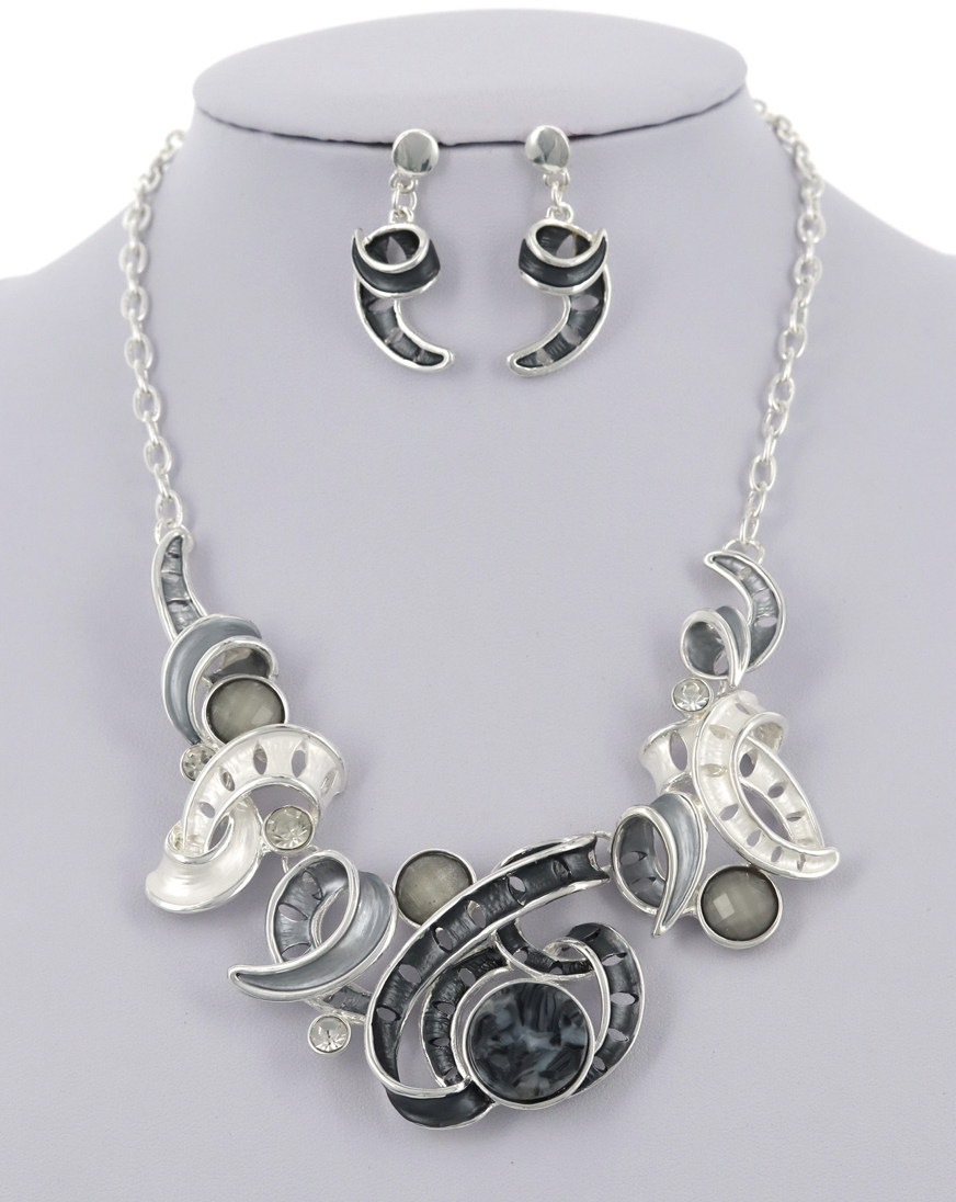 Light Gray, White Statement Metal Necklace & Earring Set