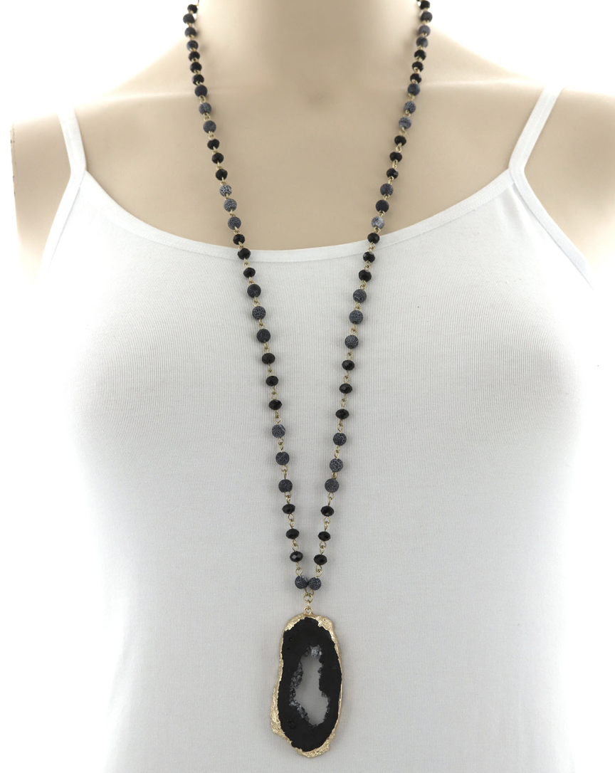 Real Druzy Stone Pendant Long Necklace, Color: Black
