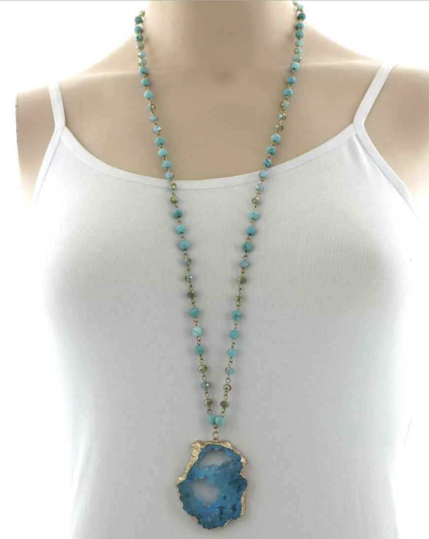 Real Druzy Stone Pendant Long Necklace