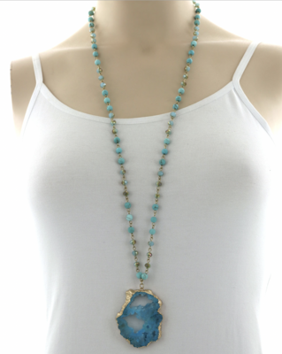 Real Druzy Stone Pendant Long Necklace
