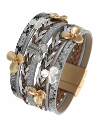 Multi Strand Leatherette Band Floral Bracelet