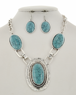 Silver/Aqua Turquoise Acrylic Necklace Set 