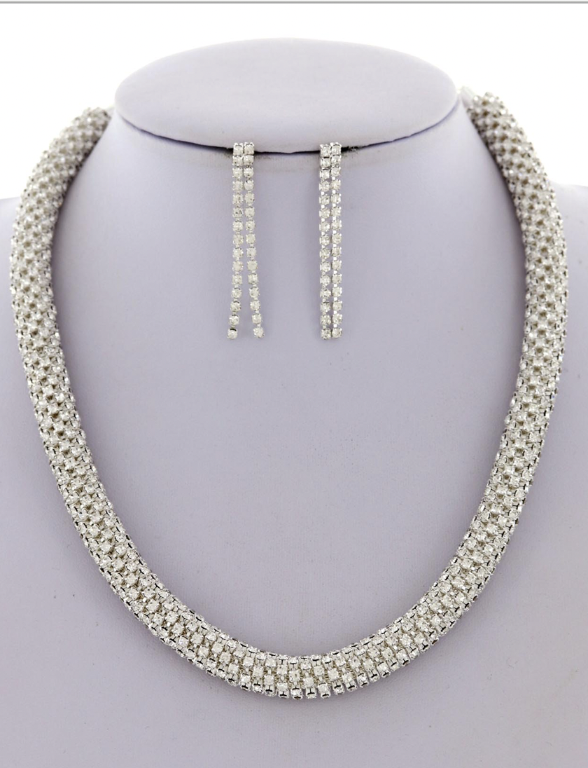 Silver Rhinestone Twisted Necklace & Earring Set