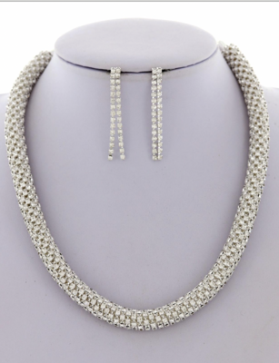 Silver Rhinestone Twisted Necklace & Earring Set