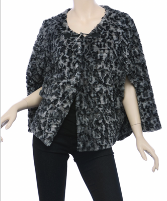 Grey Black Animal Print Faux Fur Cape with Toggle
