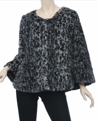 Grey Black Animal Print Faux Fur Cape with Toggle