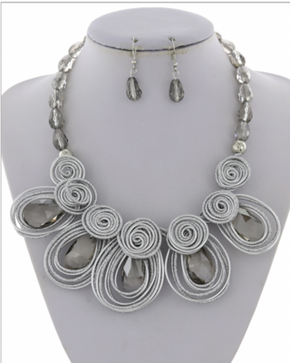 Silver Grey Statement Cord Glass Necklace & Earring Set