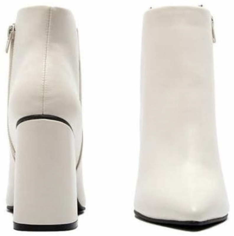 Off White Vegan Leather Chunky Heel Pull On Bootie