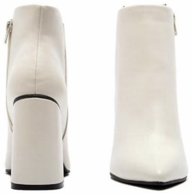 Off White Vegan Leather Chunky Heel Pull On Bootie