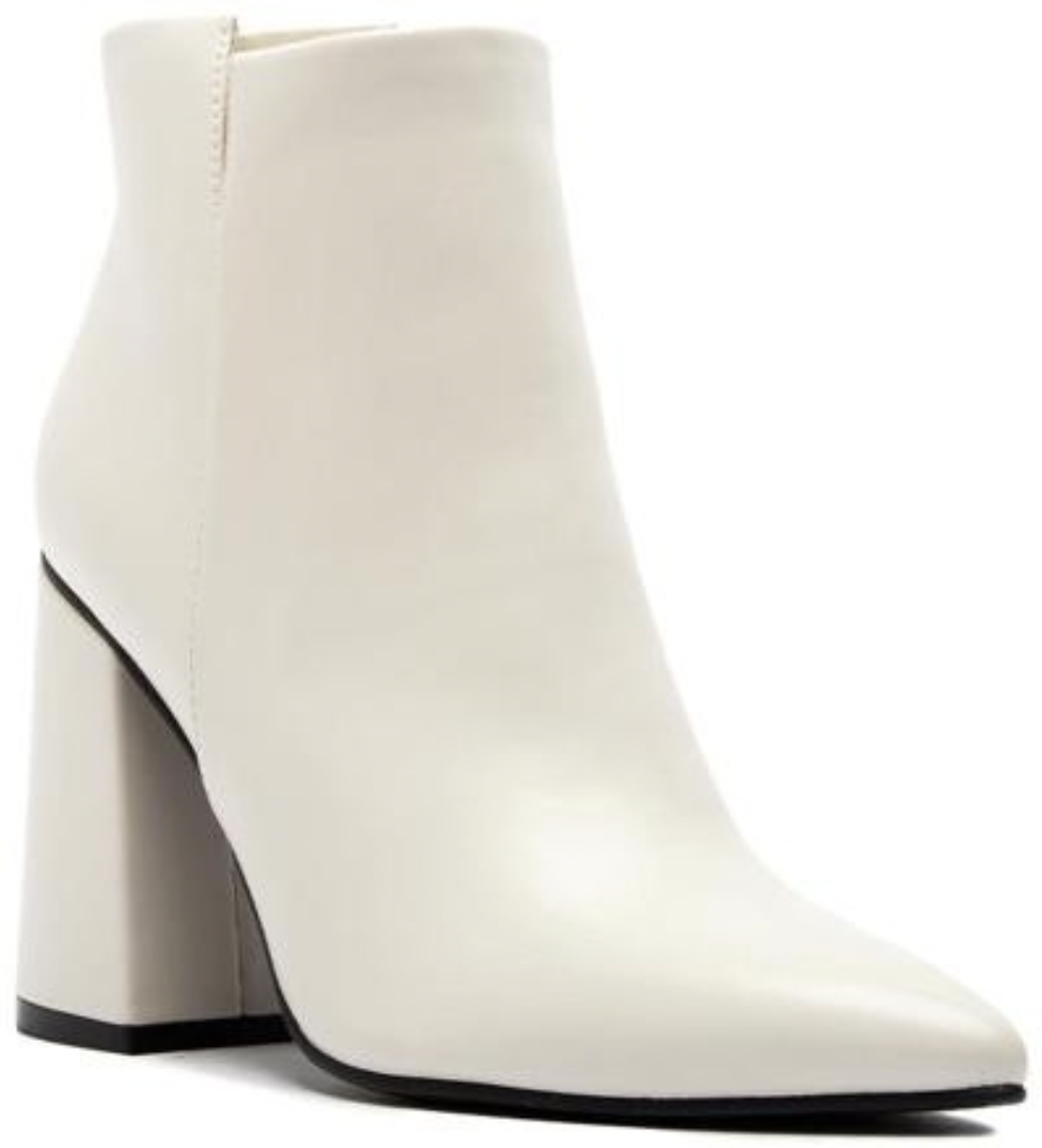 Off White Vegan Leather Chunky Heel Pull On Bootie