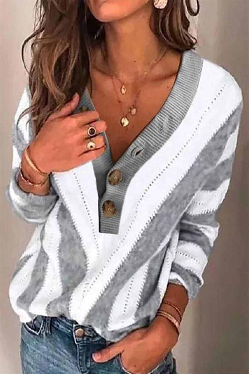 Grey/White Striped Button Front Sweater