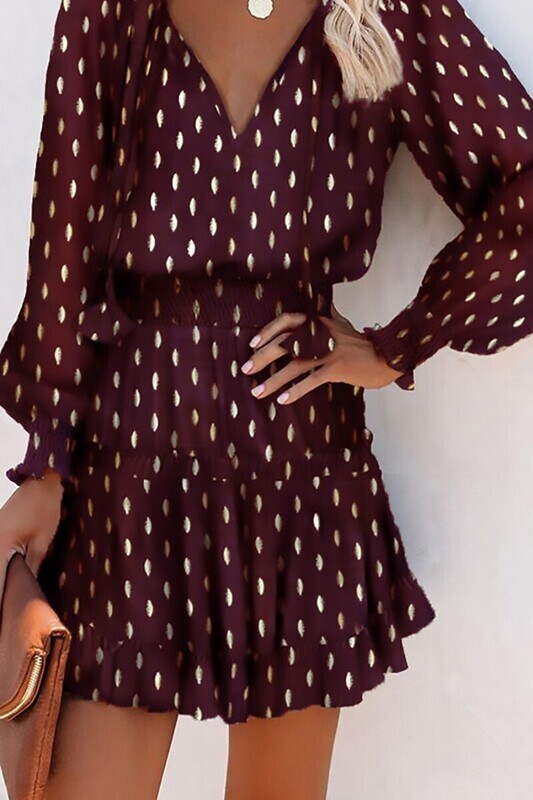 Burgundy Gold Splash Lantern Sleeve Dress