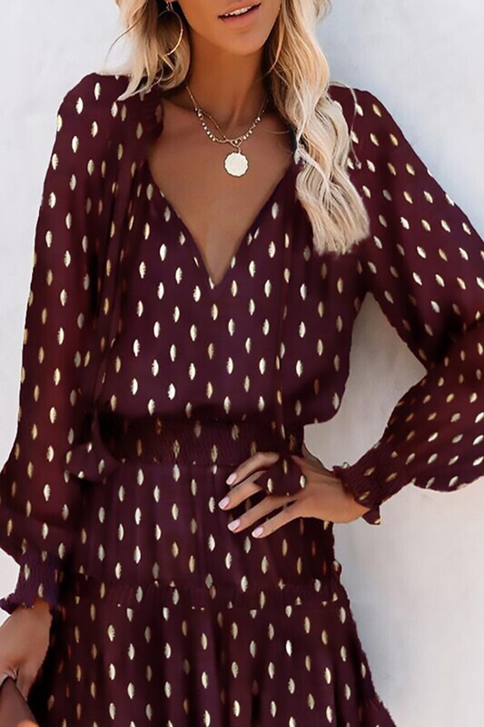 Burgundy Gold Splash Lantern Sleeve Dress