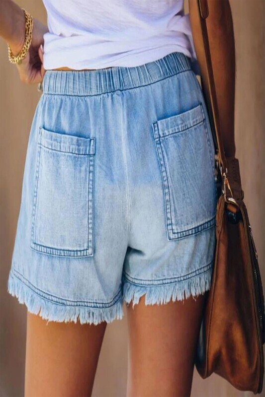 Denim drawstring tassel soft fringe detail shorts