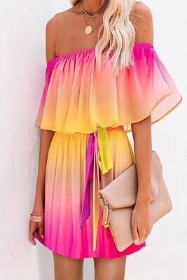 Hot Pink/Yellow Orange Off The Shoulder Sun Dress