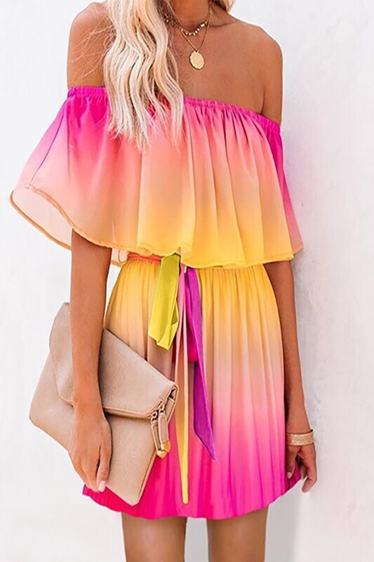 Hot Pink/Yellow Orange Off The Shoulder Sun Dress