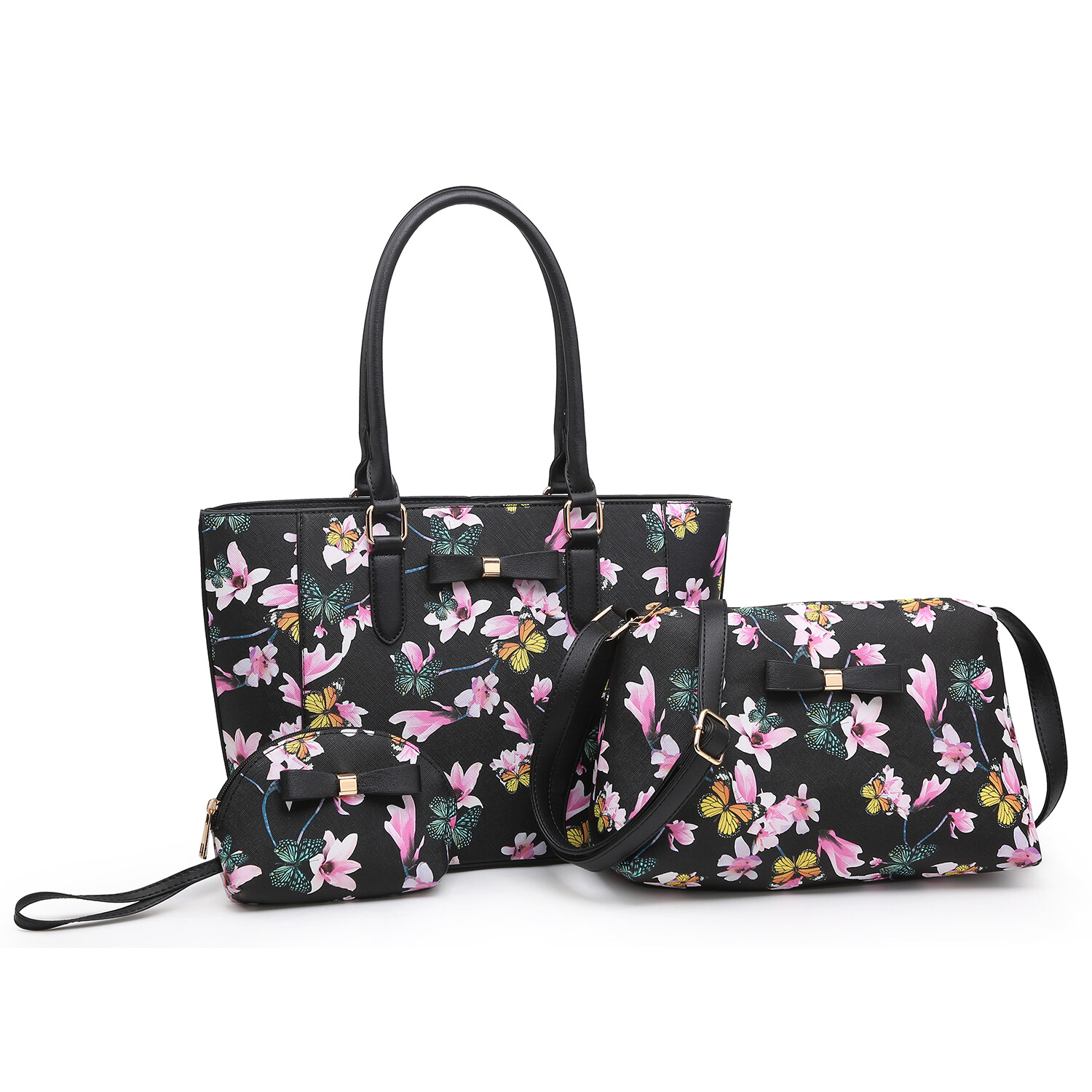 Flower Print Bow 3-in-1 Shopper Set, Color: Black/Black