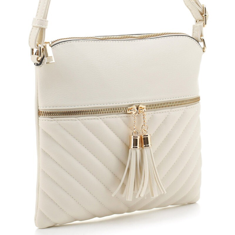 Chevron Quilted Tassel Zipper Crossbody Bag