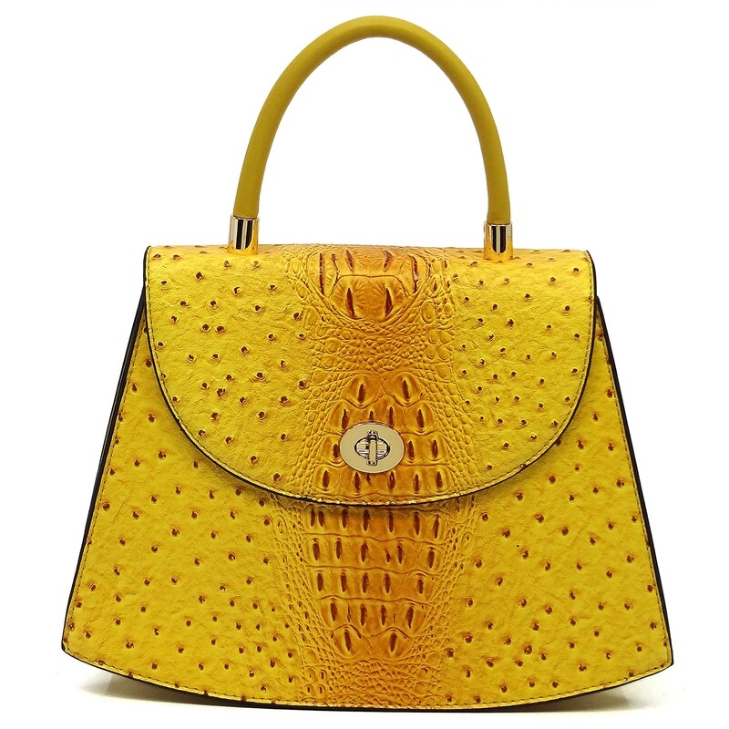 Yellow Ostrich Croc Twist Lock Flap Satchel